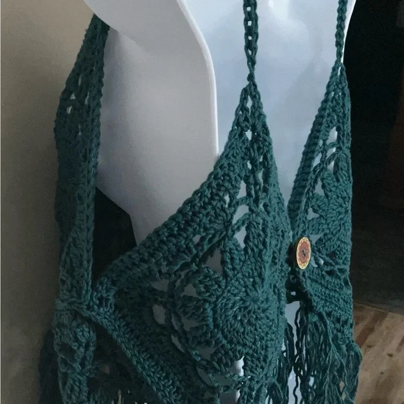 Hand Crafted Halter Crochet  Bohemian with Fringe Coverup  M/L Teal Green/Blue - Picture 9 of 11
